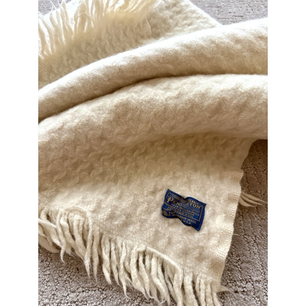 Pendleton 100% Virgin Wool Ivory Woven Fringe Throw Blanket Made in USA Fair